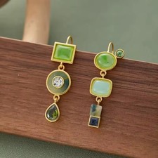 Green Inlaid Crystal Zircon Asymmetrical Drop Earrings Gold Tone Bohemian Retro