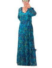 Anthropology Boho Floral Maxi Dress Small Blue Teal Long Sleeve Tiered Tassel