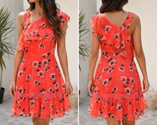 Women's Express Orange Floral One Shoulder Ruffle Fit & Flare Mini Dress 2