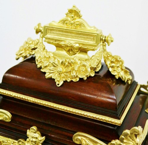 Antique French 8 Day Solid Oak & Ormolu Mounts Cube Style Mantel Table Clock - Picture 12 of 24