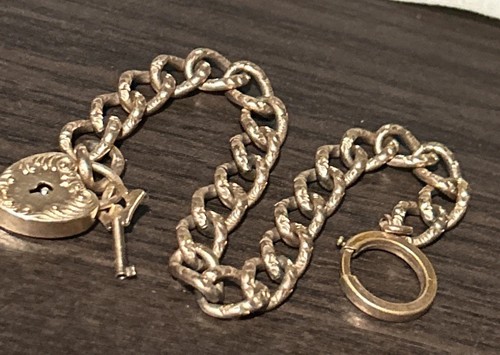 VICTORIAN ROSE GOLD FILL REPOUSSE CHAIN BRACELET HEART PADLOCK & KEY Star Moon