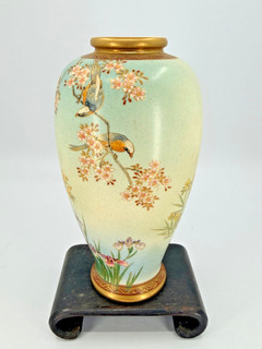 Antique Japanese Satsuma Ware Meiji Baluster Vase w Birds Cherry Trees Flowers