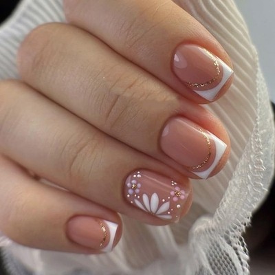 Falsenails, Press On Nails Short Square Mit Flower Design, French Nails Nude