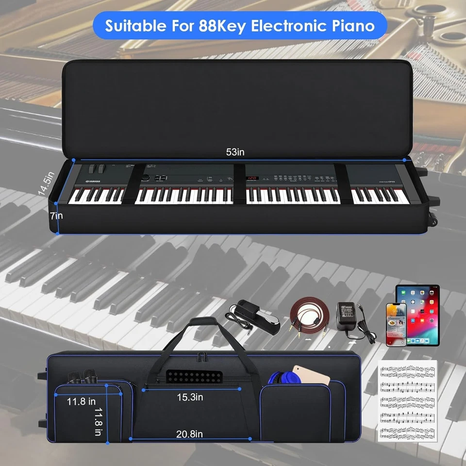 Estuche de teclado de 88 teclas con ruedas | Estuche de piano portátil acolchado de 88 | 53" x 12,2" x 7,1" Foto 3 de 4