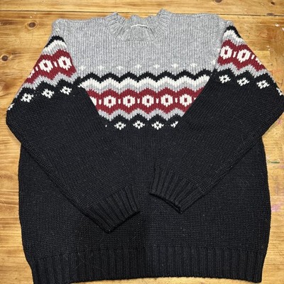 Route 66 Unisex Medium Wool Blend Black/Gray/Red Fair Isle Chunky Knit Sweater