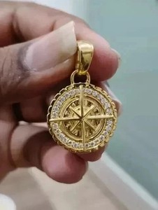 Authentic 1.30Ct Round Cut Real Moissanite Compass Men's Pendant 14K Yellow Gold Plated