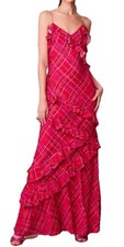 $765 Love Shack Fancy Size 0 Rialto Dress Cheery Red Plaid Metallic Ruffle Maxi