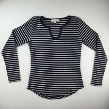 LOFT Women's Size XS Pullover Sweater Navy Blue White Stripe Split Neck Long Slv