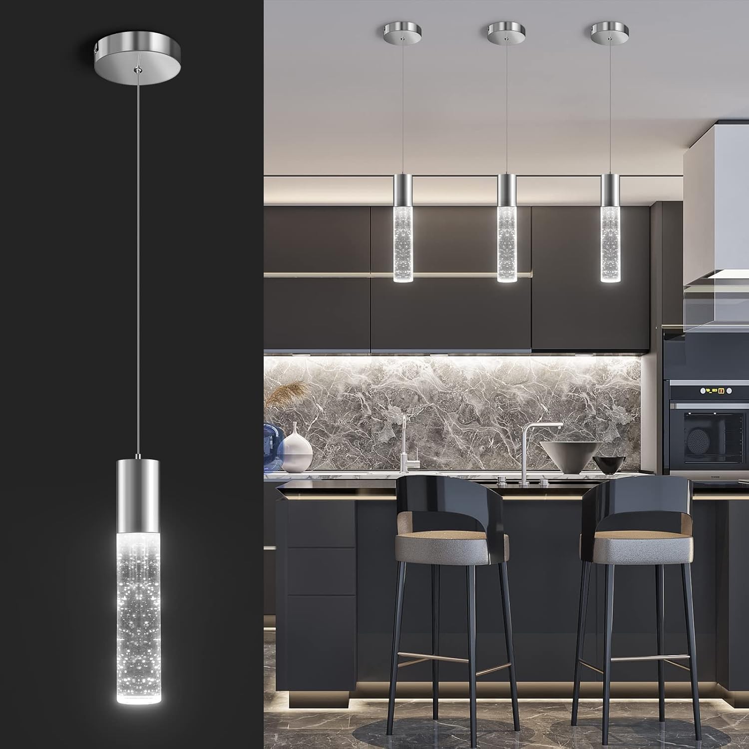 OKELI Modern LED Bubble Crystal Pendant Light for Kitchen Island in Chrome Finish