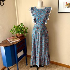 Vintage Handmade Prairie Revival Pinafore Maxi Apron Blue Apple Print Ruffle 70s