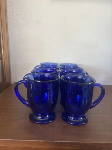 Anchor Hocking 8 Piece Set Of 16oz Blue Glass Mugs VINTAGE