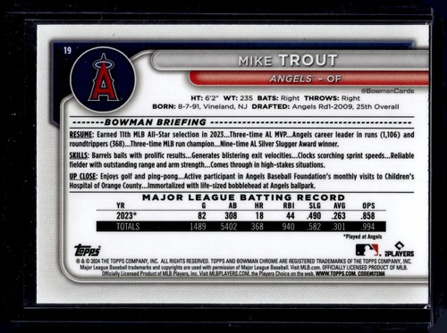 2024 Bowman #19 Mike Trout Chrome Gold Mojo Refractors #/50 - Picture 2 of 2