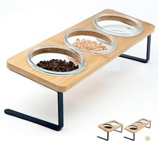 and Metal Stand for Cats and Puppies, Bamboo Board, Includes 3 Glass Bowls,