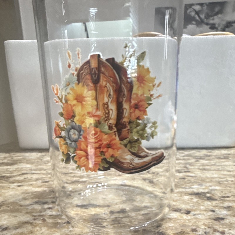 Set of 4 Floral Cowgirl Boot Drinking Glasses – Western Vinyl Design – Each Glas