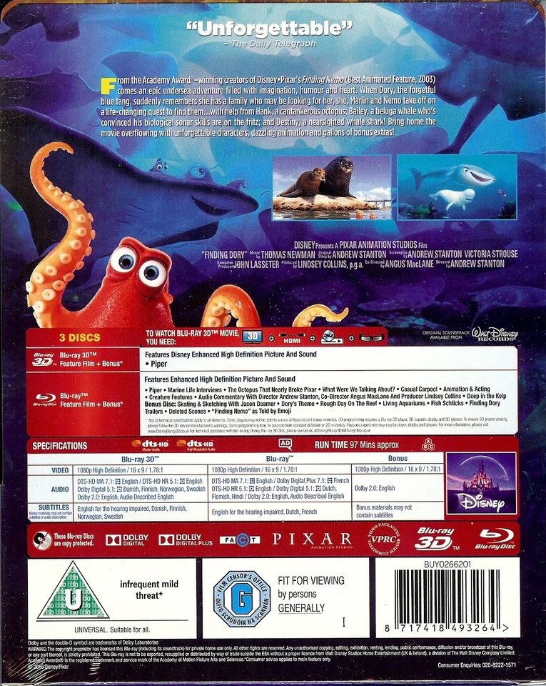 Finding Dory Limited Edition SteelBook w/Slip (Region A, B & C UK Import) - READ - Image 2 of 4