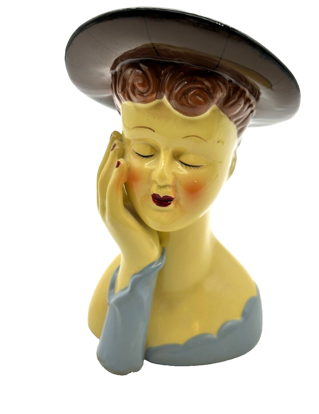 PONY Vaso testa di donna vintage 6 5" alzata a mano cappello marrone e coda di cavallo