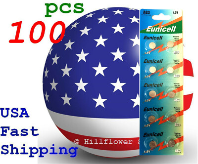 100 pcs AG3 LR41 TopUS SR736 G3 392A 384 New Card 1.5V 0% Hg Alkaline Battery