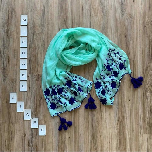 MICHAEL STARS Floral Stitchings Boho Viscose Scarf Teal Blue Purple Tassels - Picture 8 of 8