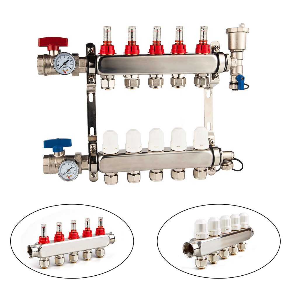 5 Branch Stainless Steel Radiant Floor Heating Manifold 1/2u0026#034; PEX 5  Water Valves | eBay
