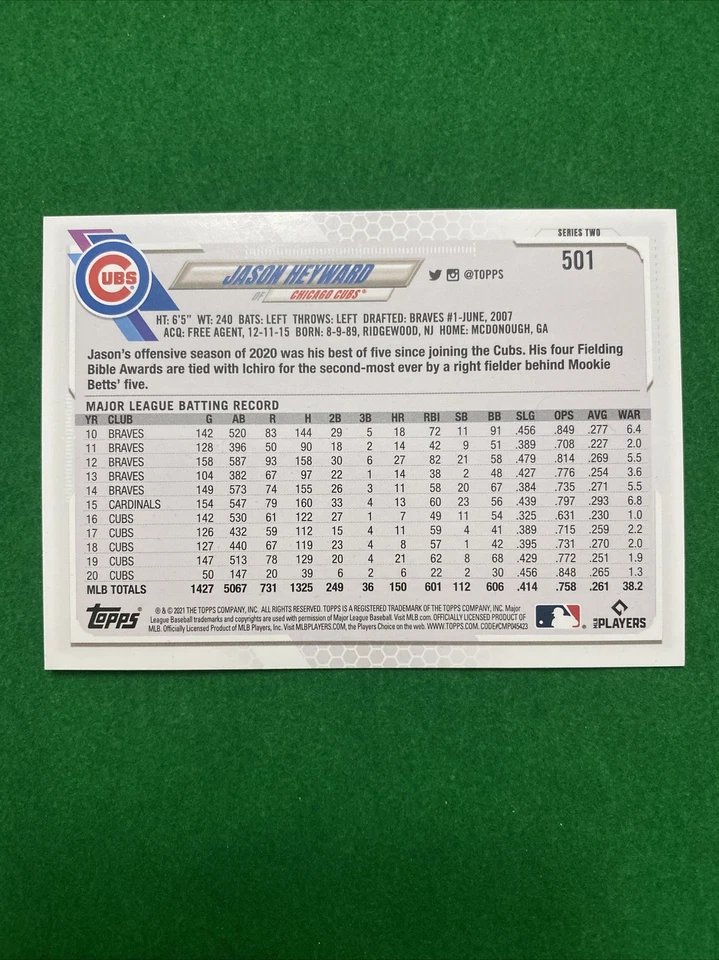 2021 Topps Series 2 Jason Heyward #501 Walmart Blue Parallel Exclusive Cubs - Image 2 of 3