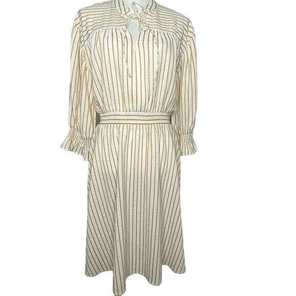 Calvin Klein A-line midi dress yellow and white striped 3/4 sleeve size 8 |  eBay
