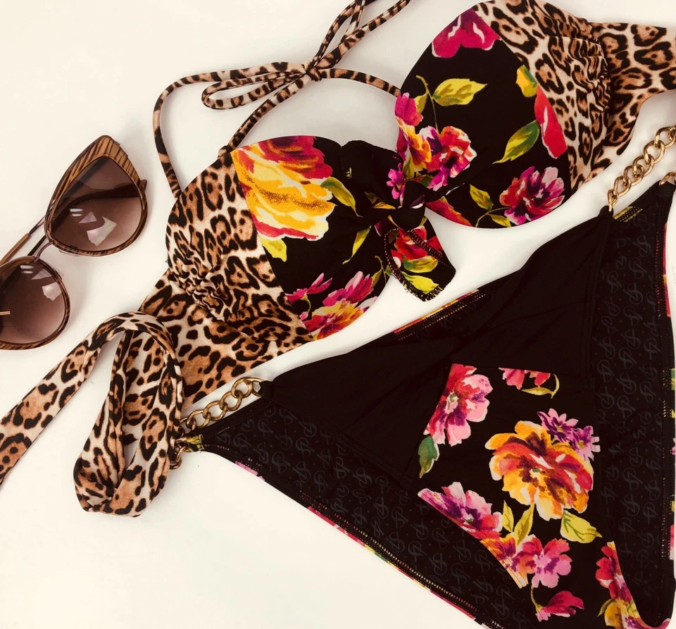 Bikini Victoria's Secret Moldeado Bandeau Floral Cadena Dorada Lateral 32C 34B Leopardo Foto 2 de 4