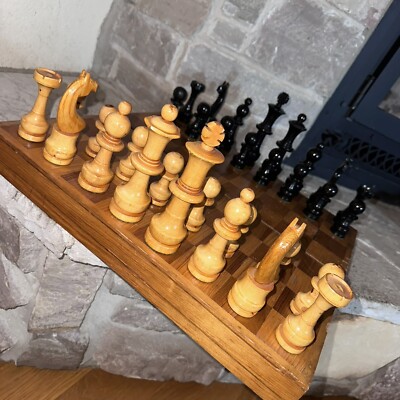 Vintage Chess Set Huge 6” Tall King Bige Huge Pieces 18” Folding