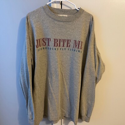 VTG Round Rocks Bite Me Fly Fishing Outdoors Long Sleeve Tee Shirt Gray XL USA
