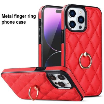 For iPhone 15 Pro 16 Pro Max Diamond Lattice Leather Case Cover + Ring Stand