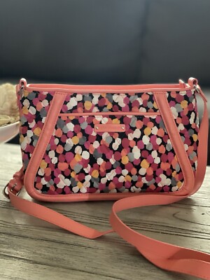 Vera Bradley Pixie Confetti Trapeze Crossbody Bag Coral Trimmed Quilted Purse