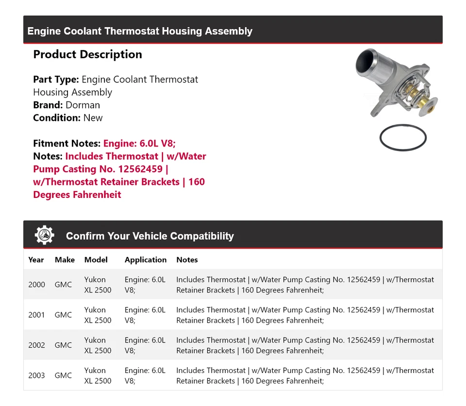 Conjunto de carcasa termostato Dorman 2001 para GMC Yukon XL 2500 2000-2003 6,0 L V8 Foto 2 de 4
