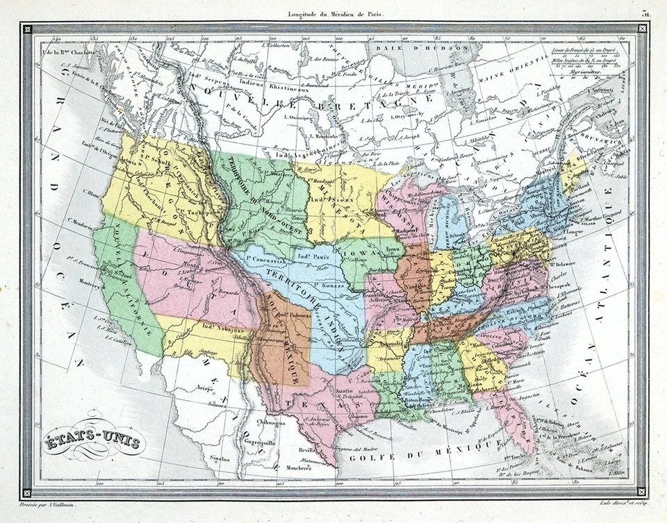 1850 Vuillemin Map United States Oregon Missouri Inidan Territory Texas NM UT AZ - Image 2 of 4