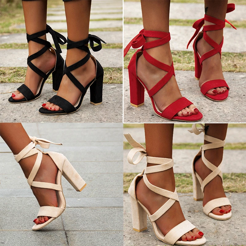 Women's Sandals High Chunky Heel Ankle Strap Faux Suede Peep Toe Lace Up Shoes - Image 3 of 4