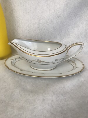 Noritake Sherwin Gravy Boat And Base #181386 Gold trim Black Blue Flowers Japan