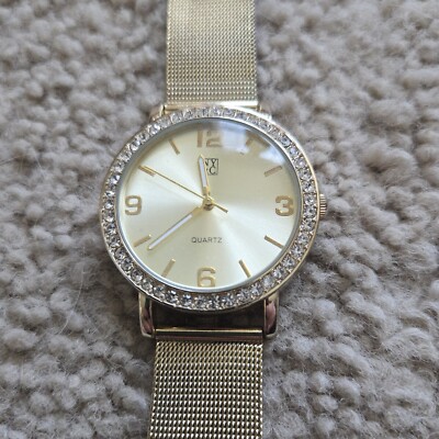 NY&C Watch Gold Tone W/ Gemstone Bezel Steel Mesh Band Great Condition