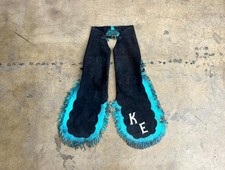 Vtg Suede 1970s Cowboy Chaps Metallic blue fringes - brown suede Silver patches