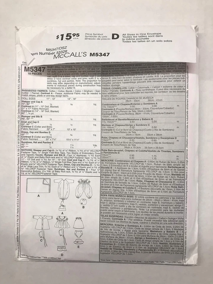 McCall's Pattern M5347 Baby Doll Clothes Sewing Craft Project UNCUT - Image 2 of 3