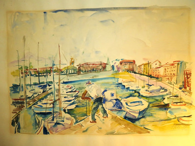 GROSSE AQUARELLZEICHNUNG HAFEN BOOTE NICE COTE d'AZUR MARINE PECHEUR SIGN 1972
