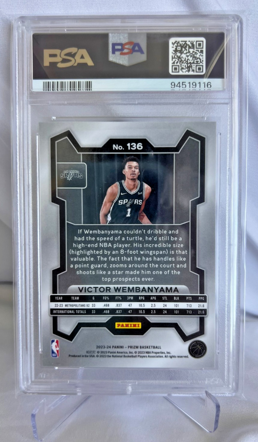 2023-24 Panini Prizm Victor Wembanyama #136 RC Rookie PSA 10 view 2