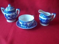 Vintage Japanese Child Blue Willow Cup Saucer Cream Pitcher Covered Sugar Bowl
