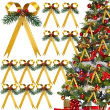 12 Pcs Gold Metal Bow Ornaments with Pine Stems for Christmas Tree, Clip-On G...