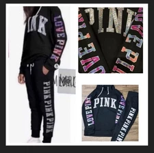 PINK VS HTF WATERCOLOR BLING HOODIE/ IRIDESCENT JOGGERS OUTFIT SET MEDIUM