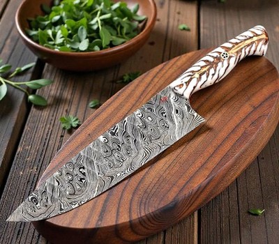 Custom Hand Made Forged Damascus Steel Chef Knife PineCone Handle 2795