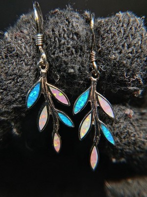 Aloha 925 Sterling Silver Faux Opal Dangle Earrings Leaf Branch Design
