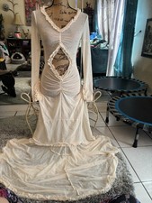 Ivory Mesh Maxi Long Sleeve V-Neck Dress Ruffle Ruched Cut Out 95% Polyester M