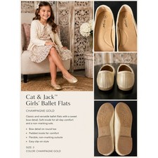 Cat Jack Girls Champagne Gold Metallic Ballet Flats Bow Detail Size 3