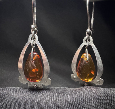 Vintage Soviet 925 Silver Cognac Amber Drop Earrings, USSR 1989 Hallmark, 2''