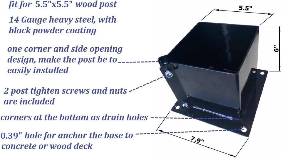 Base de montaje de base de poste de cubierta, soporte de madera soporte de metal negro 6x6 pulgadas... Foto 2 de 4