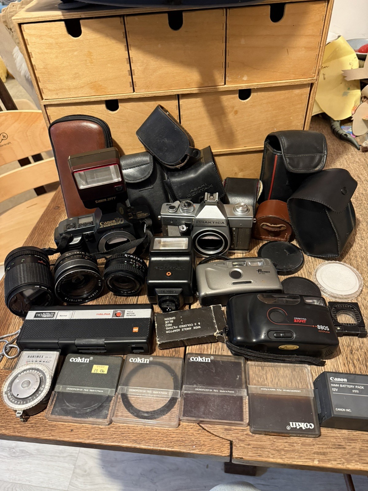 Job Lot Of Vintage Cameras lenses and more Canon Hanimex Praktika Pentax Colin 
