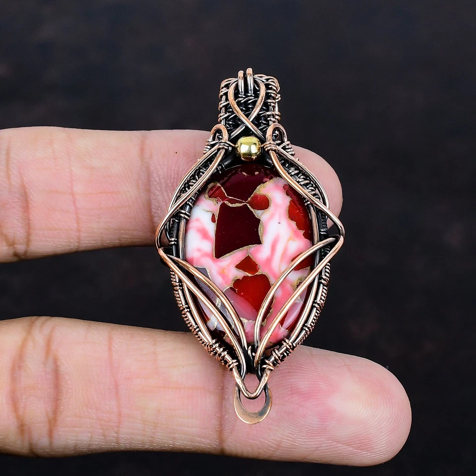 Kingman Red Mohave Copper Turquoise Pendant Copper Wire Wrapped Gemstone Jewelry - Image 2 of 4